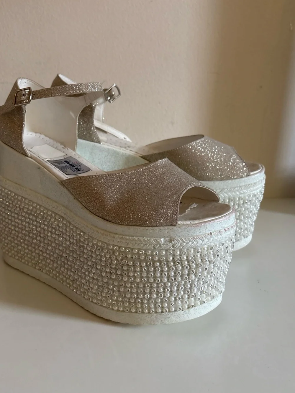 Women's Glitter Platform Wedge Sandals - Silver gold   White Sparkly Glitter Wed